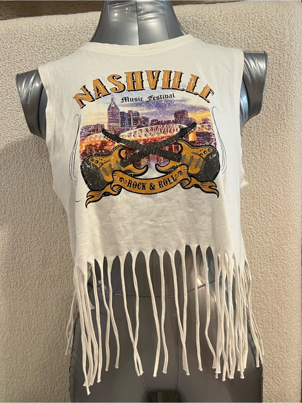 Nashville Music Festival Fringe Crop Tank - White with Gold & Black Graphic